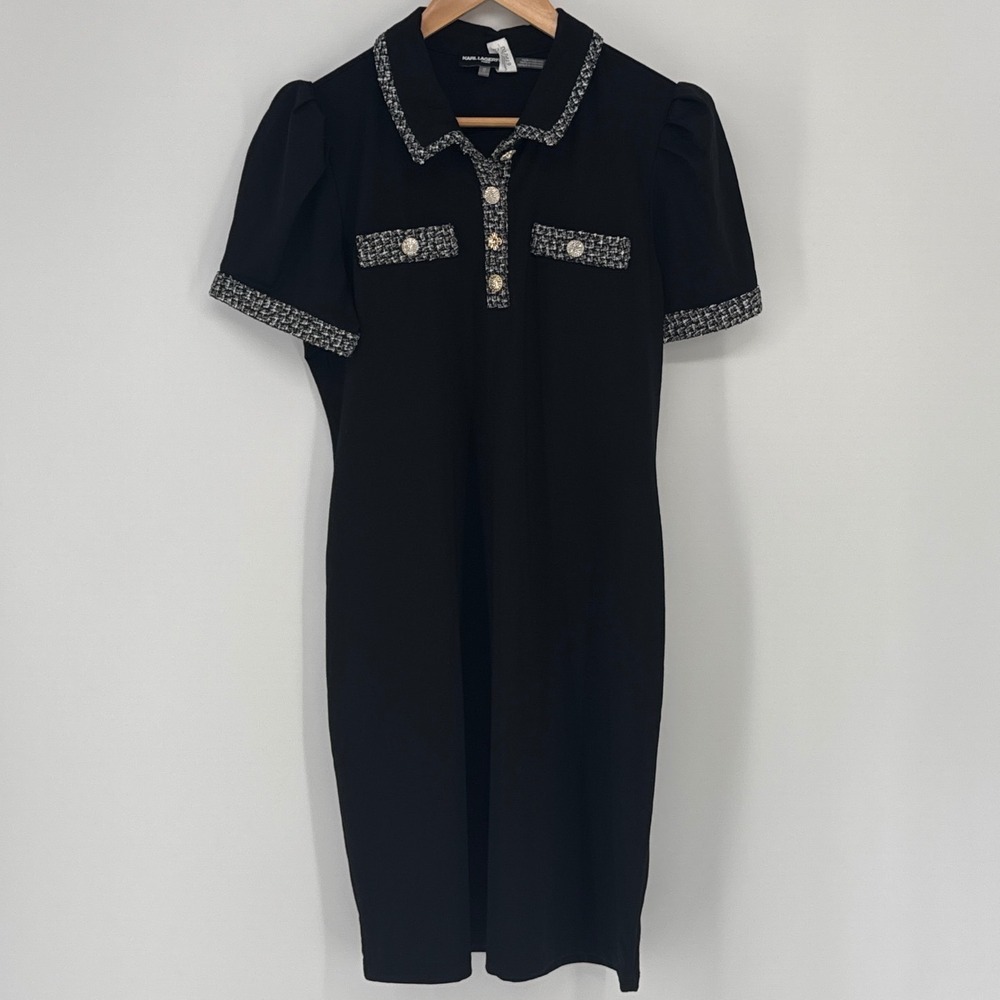 Karl Lagerfeld Paris Womens Sheath Dress M Black Tweed Trim Embellished Buttons